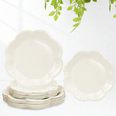 5/20 adet Fildişi Çiçek Desenli Kenarlı 9 İnç Tek Kullanımlık Kağıt Tabak, 7 İnç Kremalı Pasta/Tatlı Tabakları, Bebek Partisi, Düğün, Doğum Günü Partisi Dekorasyonu İçin Şık Sofra Takımı