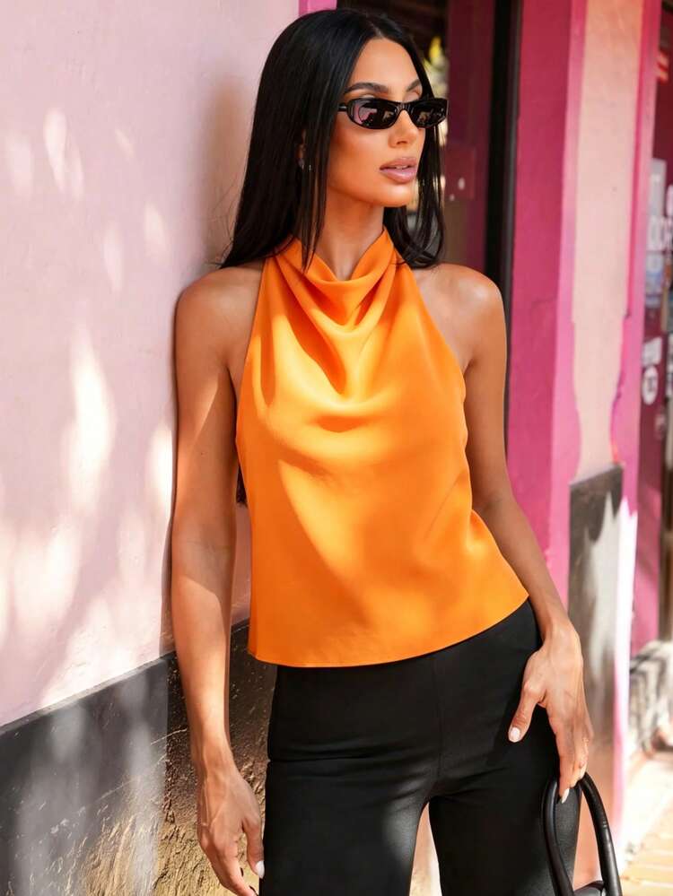 Áo hai dây cổ yếm cho nữ, áo tank top và áo camisole không tay bằng satin, áo vest nữ phong cách Y2K, áo hai dây mùa hè dễ thương, phong cách đường phố, màu vàng hở lưng cho nữ. - trái cam - Xem 3