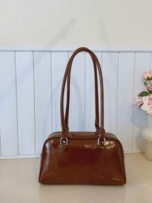 Faux Leather Solid Color Retro Multi-Pocket Large Capacity Women's Shoulder Bag, Comes With Accessory Charm (Accessory Charm May Vary Slightly By Batch) - Brown - View 6