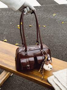 Faux Leather Solid Color Retro Multi-Pocket Large Capacity Women's Shoulder Bag, Comes With Accessory Charm (Accessory Charm May Vary Slightly By Batch) - Coffee Brown - View 8
