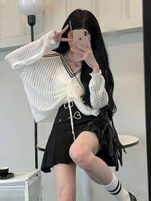 V-Neck Off-Shoulder Long-Sleeved Knit Top For Women, Lightweight, Sheer, UV-Cut, Oversized, Short Length, Drawstring. Perfect For Summer. - White - View 4