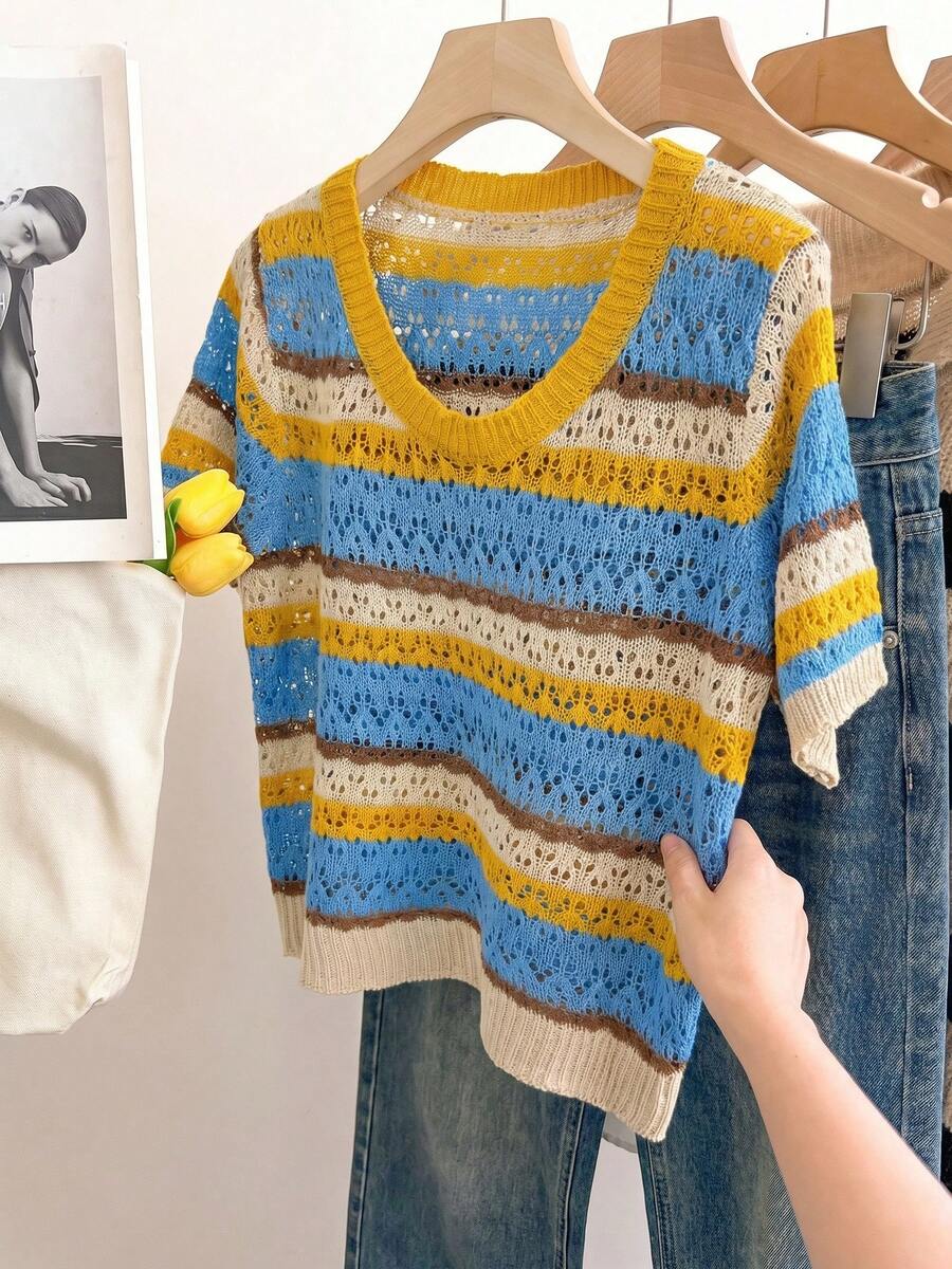 粉彩色镂空针织短袖V领上衣,休闲文艺风夏季服饰 - 橘色 - 查看 1