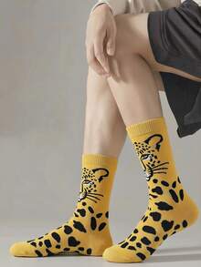 GNIM HL 1双男士黄色豹纹纯棉船袜，新奇动物图案街头滑板袜 - 黃色 - 查看 4