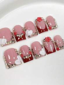 10 pièces Ensemble de style haut de gamme, doux et élégant. Faux ongles faits main avec motif 3D peint à la main et décoration de strass étincelants. Convient pour les couples qui font du shopping, regardent des films, dînent et portent pour la Saint-Valentin. - Rose bonbon - Voir 1