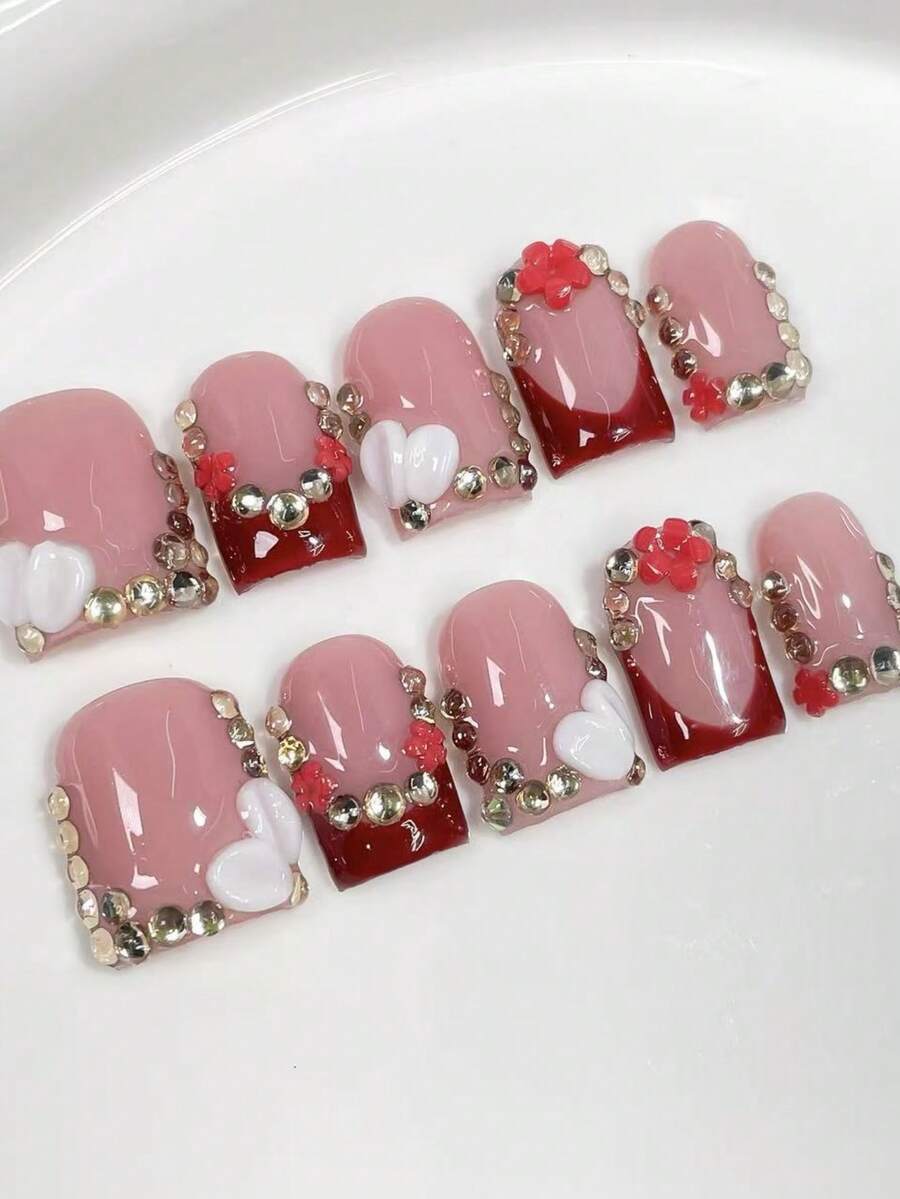 10 pièces Ensemble de style haut de gamme, doux et élégant. Faux ongles faits main avec motif 3D peint à la main et décoration de strass étincelants. Convient pour les couples qui font du shopping, regardent des films, dînent et portent pour la Saint-Valentin. - Rose bonbon - Voir 1