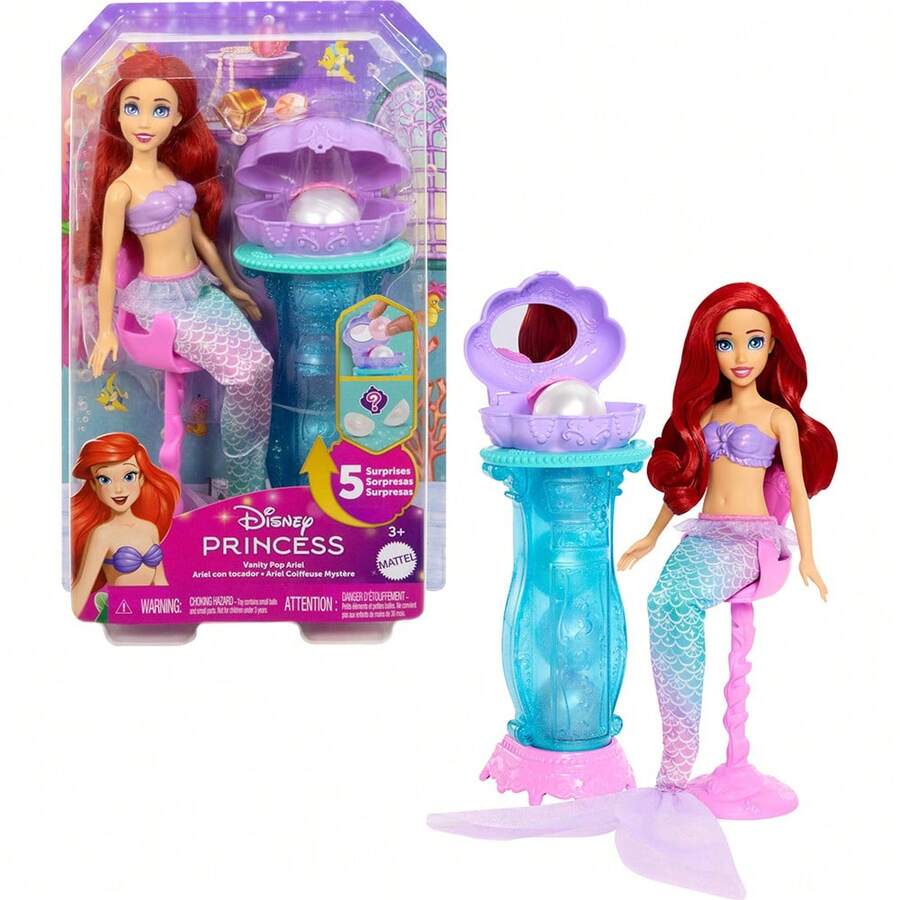 Mattel Mattel 迪士尼公主玩具，小美人鱼爱丽儿时尚娃娃，带可拆卸鱼尾和梳妆台，内含5个可重复弹出的惊喜和5个配件 - 彩色 - 查看 1