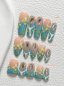 10Pcs Forest Inspired Style Handmade Nail Art Set,Unghie Press On,Teardrop Diamond Nail Art Accessories,Hand Sculpted Petals And Lines Nail Art Decorations,Green And White Nail Polish,Stylish And Fresh Aesthetic,Comes With Nail Tools(1 Sheets Jelly Stickers+1PC Nail File)3 Sizes Available,Almond Nails, Duck Nails,Coffin Nails,Suitable For Reunion,Daily,Party,Photograph,Play,Spring Summer,Commute Supplies Nails - 彩色 - 查看 1