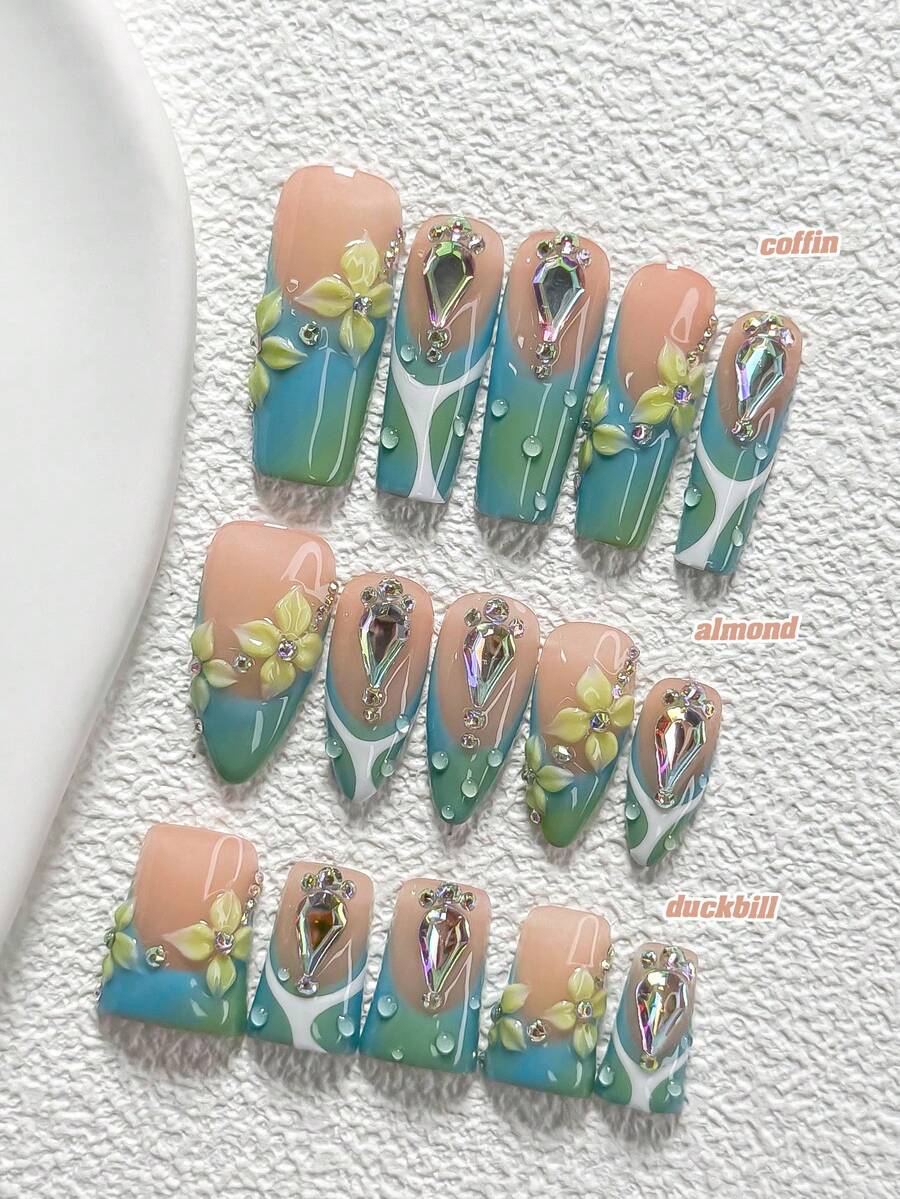 10Pcs Forest Inspired Style Handmade Nail Art Set,Unghie Press On,Teardrop Diamond Nail Art Accessories,Hand Sculpted Petals And Lines Nail Art Decorations,Green And White Nail Polish,Stylish And Fresh Aesthetic,Comes With Nail Tools(1 Sheets Jelly Stickers+1PC Nail File)3 Sizes Available,Almond Nails, Duck Nails,Coffin Nails,Suitable For Reunion,Daily,Party,Photograph,Play,Spring Summer,Commute Supplies Nails - 彩色 - 查看 1