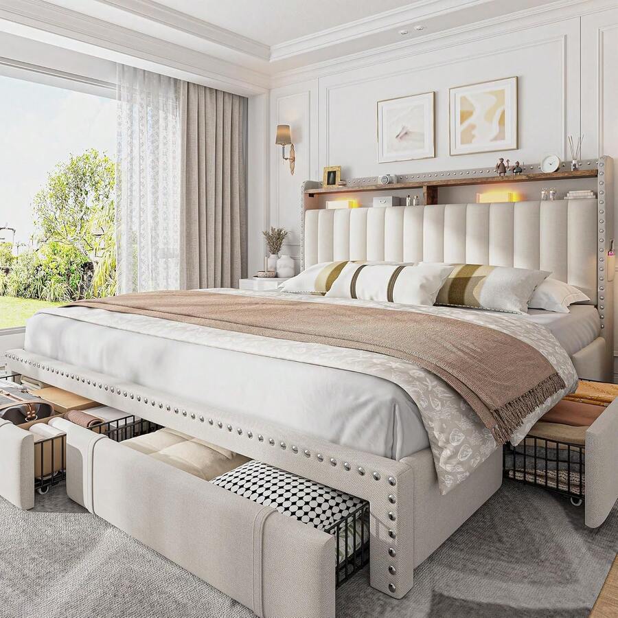 EnHomee Bed Frame With 3 Drawers & 2-Tier Storage Headboard,Upholstered Platform Bed Frame Heavy Duty Wood Slats Support, No-Noise, Cama Queen, Easy Assembly - Beige - View 1