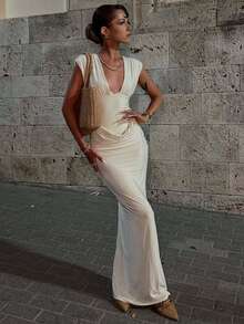 2026 Cream Deep V-Neck Bodycon Maxi Dress – Sexy Sleeveless Ruched Waist Gown, Elegant Party Evening Wear - trắng - Xem 6