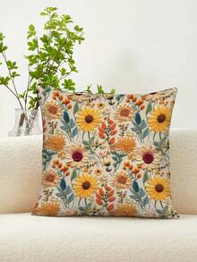 1pc Sunflower & Daisy All-Over Print Pillow Cover, Soft Polyester Fabric, Zipper Design Machine Washable, Warm Yellow Retro Style Sofa Cushion, Suitable For Living Room & Bedroom, Pillow Insert Not Included - A - View 7