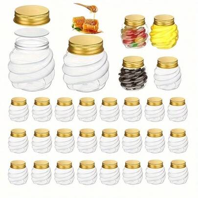 10 stuks 2oz honingraatvormige plastic potjes met gouden deksels, mini honingpotjes, kruidenpotjes met brede opening, geschikt voor feestjes, bruiloften, cadeauverpakkingen, babyshowers, doe-het-zelf cadeaus, gelei, vanille, jam en snoep.