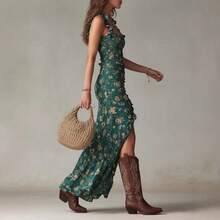 Women's Floral Print Ruffle Strap Maxi Dress, Smocked Bodycon Split Thigh Dress For Vacation - Printed Colors - View 6