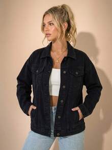 pthirillo Women's Black Denim Jacket, Maxi Oversized, 100% Cotton, Long Sleeve, Premium Style | Basic Or With Rhinestones, Party/Evening Look - 黑色 - 查看 3
