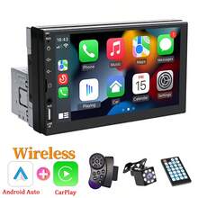 Reproductor de coche MP5 de un solo DIN, compatible con CarPlay inalámbrico y Android Auto, pantalla táctil HD de 7 pulgadas, Bluetooth, estéreo, alimentación de 12V, radio FM, interfaz ISO, entrada AUX, ranura para tarjeta SD, puerto USB, con/sin cámara - Negro - Ver 12