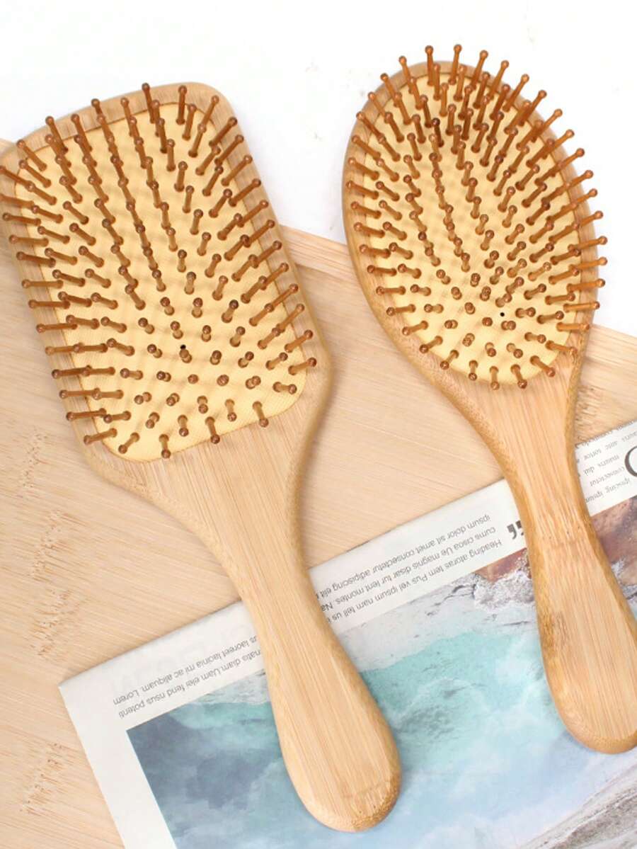 1/2 包大号气垫竹梳，带手柄竹制桨式发梳，天然竹制桨式梳，轻松梳开打结的头发，适合所有年龄段，便携式梳子，可按摩头皮，适合细软/卷曲/干性发质 - 杏色 - 查看 1
