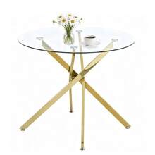Round Dining Table With Tempered Glass Top And Gold-Colored Legs, Coffee Table, Modern Minimalist Dining Table, 80 * 80 * 76 Cm - Gold - View 5