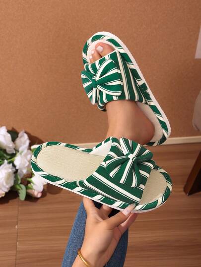Dép lê nữ bằng vải lanh kẻ sọc dễ thương có nơ, đế mềm chống trượt thoáng khí, kiểu hở mũi, thích hợp đi trong nhà và ngoài trời, phòng ngủ, phòng khách, mọi mùa.