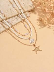 3pcs Summer Boho Style Daisy, Alloy Starfish & Shell Pendant Necklace, Handmade Multi-Layer Adjustable Chain Jewelry For Daily Wear And Beach Vacation Photo Shoot - Multicolor - View 3