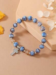 1pc Fashionable Gemstone Cross Bracelet, Holiday Gift For Women - Multicolor - View 5