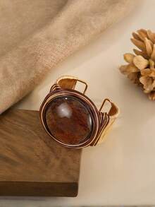1pc Bohemian Style Resin Stone Statement Cuff Bracelet, Gold & Brown Wire Wrapped Bangle For Women, Party & Vacation Wear - Coffee - View 2