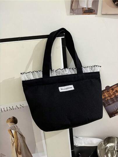 Letter Patchwork Mesh Ruffle Edged Woven Handbag, New Korean Style Lace Canvas Tote Bag Large Capacity Portable Storage, Canvas Bag New Handbag Lotus Lace Large Capacity Picnic Bag Tote Bag Cosmetic Bag Commuter Style