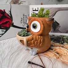 卡通猫头鹰桌面花盆，树脂工艺品，创意树脂装饰品，户外花园猫头鹰花盆（不含植物） - 貓頭鷹花盆(不含綠色植物) - 查看 2