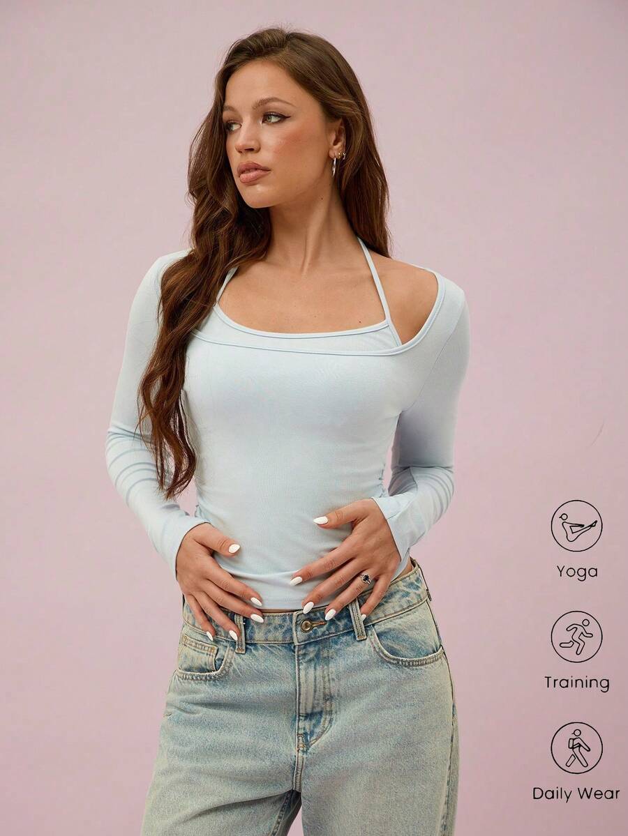 Áo Leadlive Spring New Blue Fake Two Top, Áo thun dài tay nữ, thích hợp mặc ở nhà và hàng ngày, kiểu dáng thời trang và thoải mái, áo kiểu nữ casual, áo mùa xuân, áo màu xanh dương. - Màu xanh nhạt - Xem 1