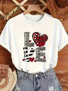 Graduation Gift Top Women's Chic LOVE Graphic Print Short Sleeve T-Shirt Casual Round Neck Drop Shoulder Top With Leopard And Plaid Designs. Oversize Coquette Vintage Y2K Streetwear Pal - 白色的 - 查看 2