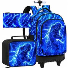 3pcs/Set Boys' Rolling Backpack, Includes Lunch Bag, Dinosaur Lightning Pattern Wheeled Student School Bag - Blue - View 2
