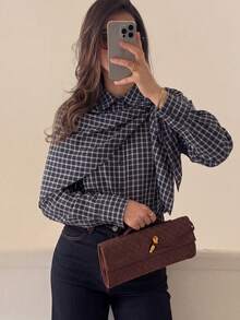 Women's Elegant Plaid Triangular Scarf, Casual Shirt Retro Single-Breasted Long Sleeve Women's Casual Shirt For Street Wear Spring - Blue - View 6