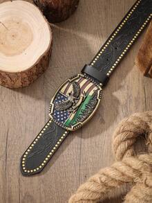 1条西部风格皮带扣PU压花皮带，男士复古牛仔休闲腰带，适合日常穿着 - BH1041 - 查看 8