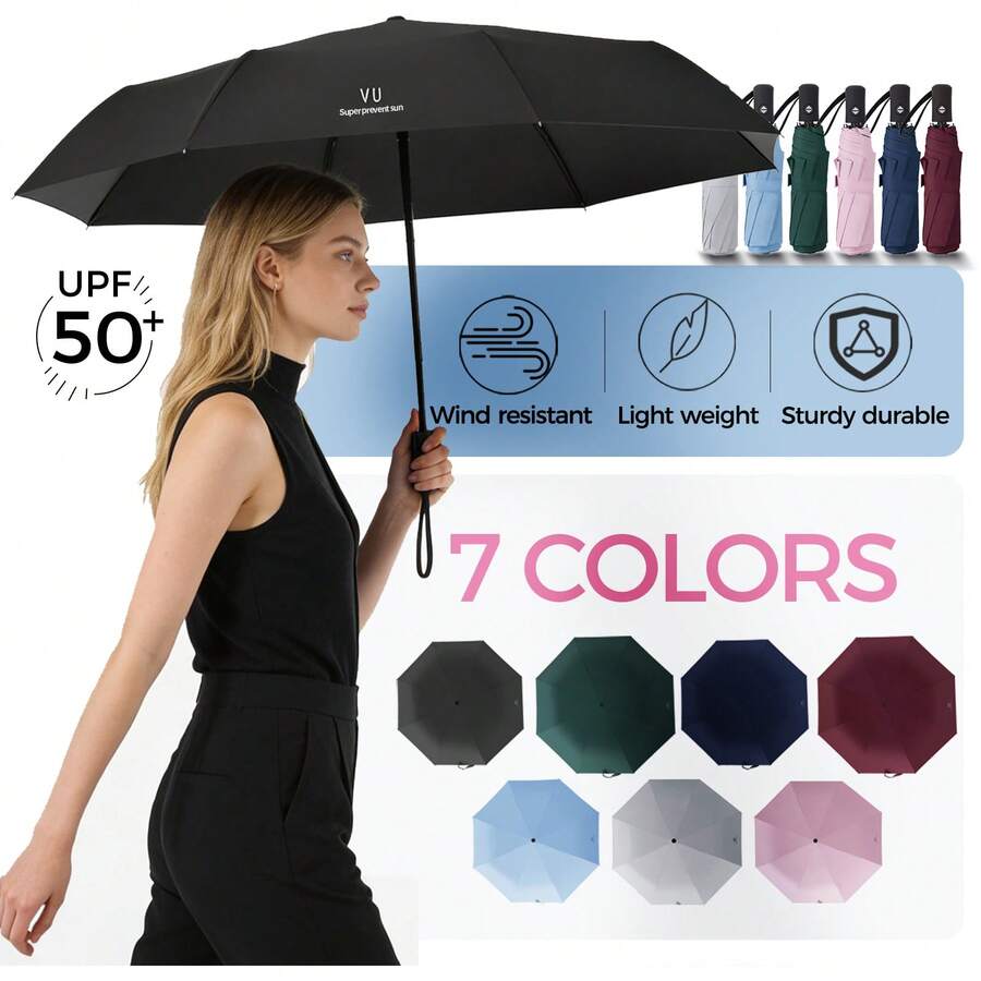UV-Blocking Automatic Folding Umbrella – Basics Style, Sun & Rain Dual Use, Foldable, 8-Rib Iron Frame, 190T Pongee Fabric, Plastic Handle – Quick Open & Close System - Multicolor - View 1