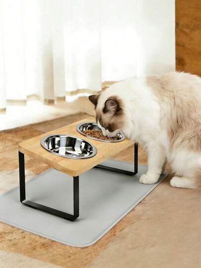 Ergonomic Pet Feeding And Drinking Set - Designed With A 15-Degree Tilt To Prevent Neck Fatigue. Elegant Natural Bamboo Raised Bowls Suitable For Cats And Small Dogs. Sturdy Metal Stand Design Helps Improve Digestion; Can Hold Both Dry Food And Water. Suitable For Small Animals - Raised Pet Bowl Dining Table Set (Home Pet Accessories). Stainless Steel Cat Dog Double Bowl Set With Stand, 2 Tilted Elevated Bowls For Pet Food And Water, Helps Prevent Vomiting