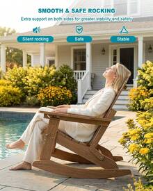 Adirondack Rocking Chairs With Retractable Ottoman & Cup Holders, 6-In-1 Folding HDPE Outdoor Rockers For Patio, Porch, Lawn,Brown - Brown - View 8