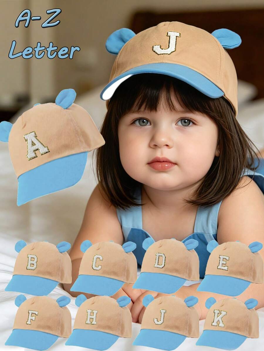 1pc A-Z Letter Soft Breathable Adjustable Cute Bear Ear Baseball Cap, Suitable For 6 Months - 3 Years Old Toddlers, Spring/Summer Outdoor Activities - Blue and Skin Color Combination - View 1