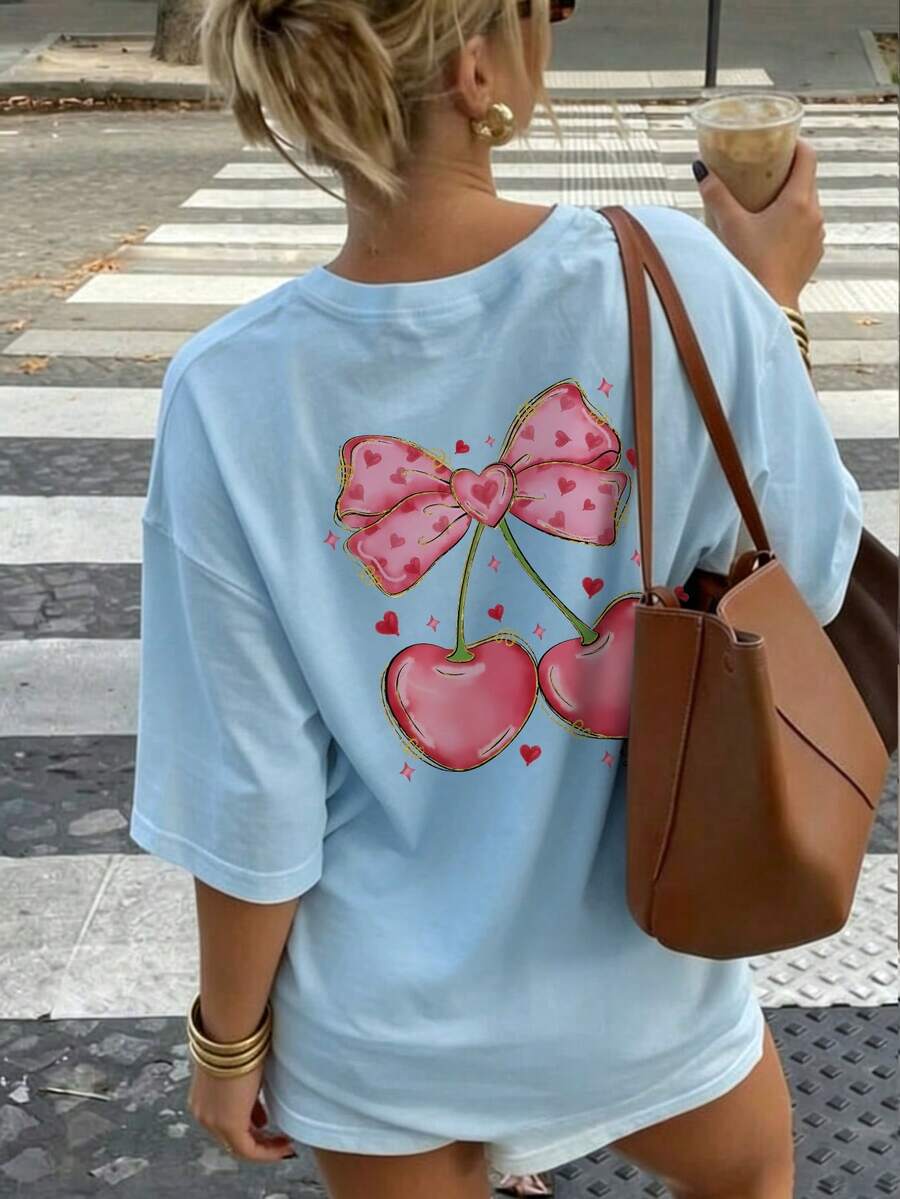 Women's Summer Valentine's Day New Minimalist Bow Heart Print Casual Vacation Loose Versatile Round Neck Beige Short Sleeve T-Shirt, Fashionable Everyday Top, Suitable For Daily Vacation, Suitable For Valentine's Day Date