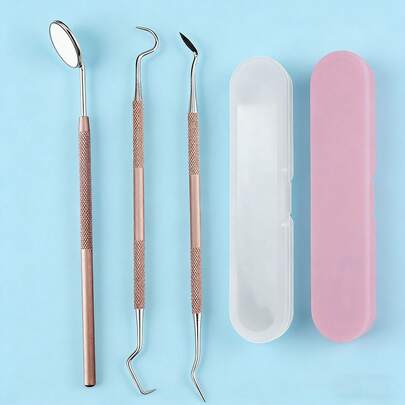 3pcs Rose Gold Dental Tools Set - Mirror + Probe + Scaler, Teeth Cleaning, Stainless Steel Dual-Ended Cleaning Tools, For Pets & Adults, With Storage Box