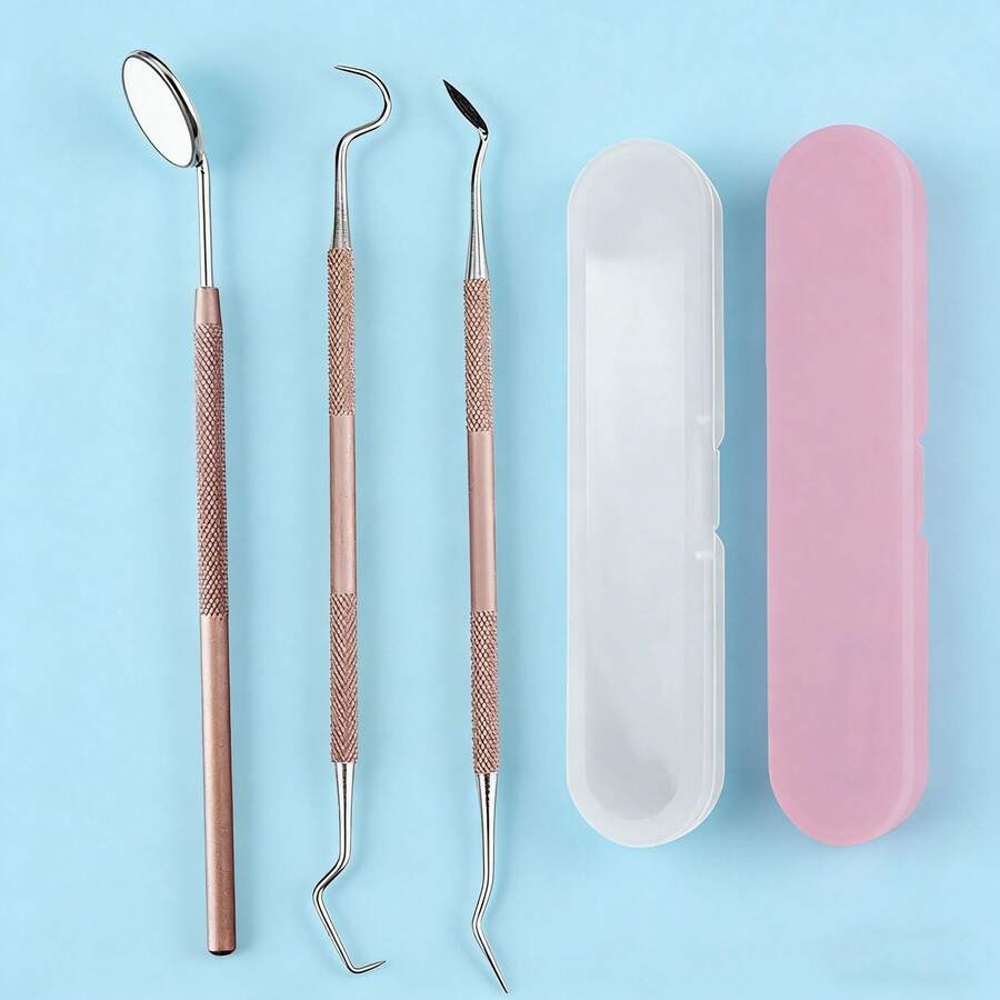 3件套玫瑰金牙科工具套装 - 牙镜 + 探针 + 洁牙器，牙齿清洁，不锈钢双头清洁工具，适用于宠物和成人，带收纳盒
