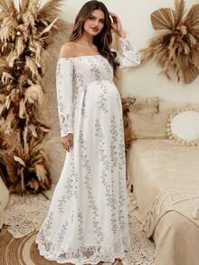 Maternity Off-Shoulder Embroidered Lace Dress, White Loose Flowing Pregnancy Gown, Plus Size Everyday Maternity Dress Fall - White - View 5
