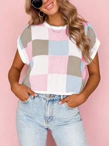 Blusa corta a cuadros de colores para mujer Marysol, de cuello redondo y manga corta, jersey de punto de colores contrastantes con mangas de murciélago, estilo casual y de moda, para primavera/verano/otoño/invierno - Multicolor - Ver 4