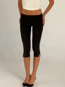 Women's Y2K Low Waist White Capri Leggings Fold Over Waistband Split Hem Solid Color Slim Fit Stretchy Cropped Leggings Buttery Soft High Elasticity Bodycon Skinny Basic Layering Pants Casual Daily Yoga Workout Gym Running Loungewear Streetwear Spring Summer Fall Comfortable Ladies Going Out Bottoms - màu đen - Xem 2