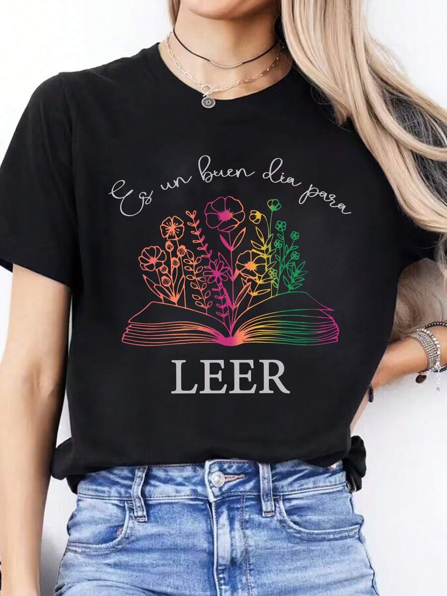 Senaste modellen från 2026 med spanska bokstäver Vår/sommar Casual T-shirt Rund hals Kortärmad Sport-T-shirt Damtopp Sommarkläder Sommarkläder Toppar - Svart - Visa 1