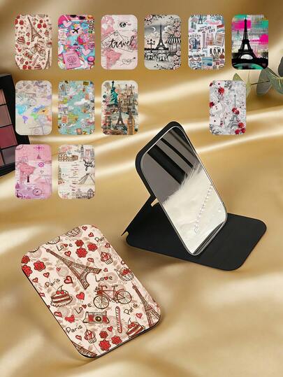 1pc Y2K Retro European Style Foldable Vanity Mirror, Lightweight Compact Handheld Mirror, Durable PU Leather Stand, Versatile For All Occasions, Portable Pocket Mirror