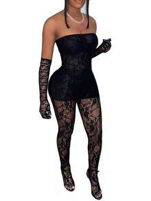 CALEBGAR Women's Sexy 3-Piece Red Lace Lingerie Set - Strapless Sheer Bodycon Mini Dress With Matching Long Gloves & Floral Pattern Tights Clubwear - màu đen - Xem 2