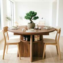 Kitchen Dining 43.3-59 Inch Extendable Dining Table, Walnut Modern Oval Table With 4 Storage Shelves & Grooved Base For Kitchen & Living Room - 胡桃色 - 查看 2