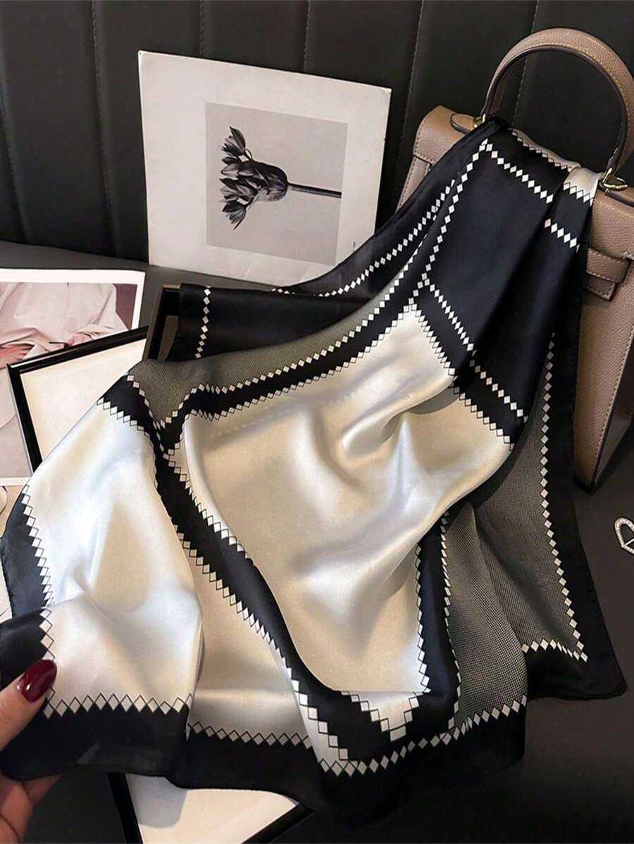 1 chiếc khăn bandana/băng đô/khăn quàng cổ in họa tiết giả lụa, phụ kiện thời trang đa năng dùng hàng ngày cho váy áo, đi biển, đi nghỉ mát. - hình học đen trắng - Xem 1