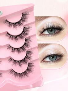 ENCHUW 5 Pairs Fake Eyelashes Fluffy Faux Mink Lashes Volume Eye Lashes Strips Natural Look False Eyelashes For Daily Wear - Black - View 4
