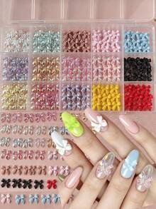 1 caja de decoraciones de arte de uñas de moños ABS de diseño estereoscópico 3D de colores aleatorios, con opciones de unicolor y coloridos, versátil para manualidades de uñas - Multicolor - Ver 3