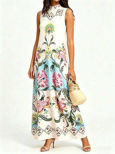 Vestido largo sin mangas con estampado para mujer, elegante para uso diario y vacaciones, blanco de verano